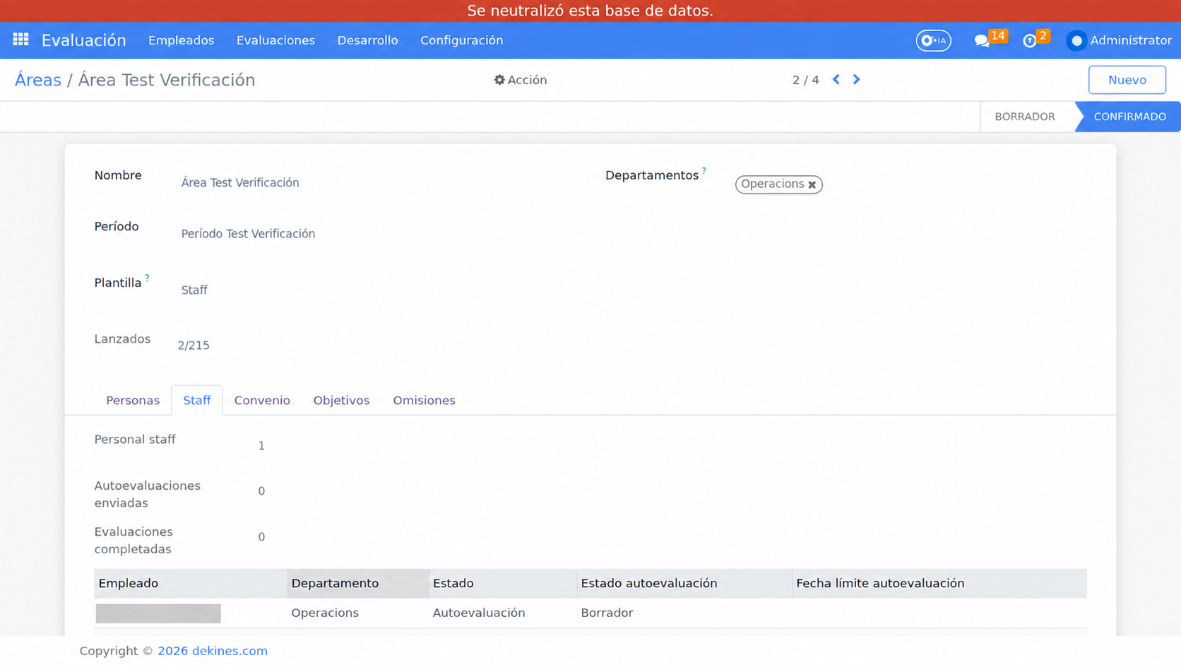 Área confirmada con contadores y seguimiento de Staff.