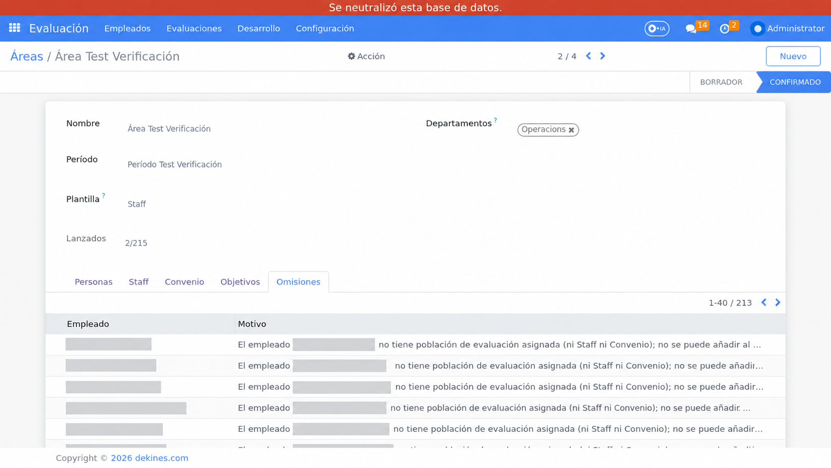 Pestaña Omisiones con los motivos de las evaluaciones no creadas.