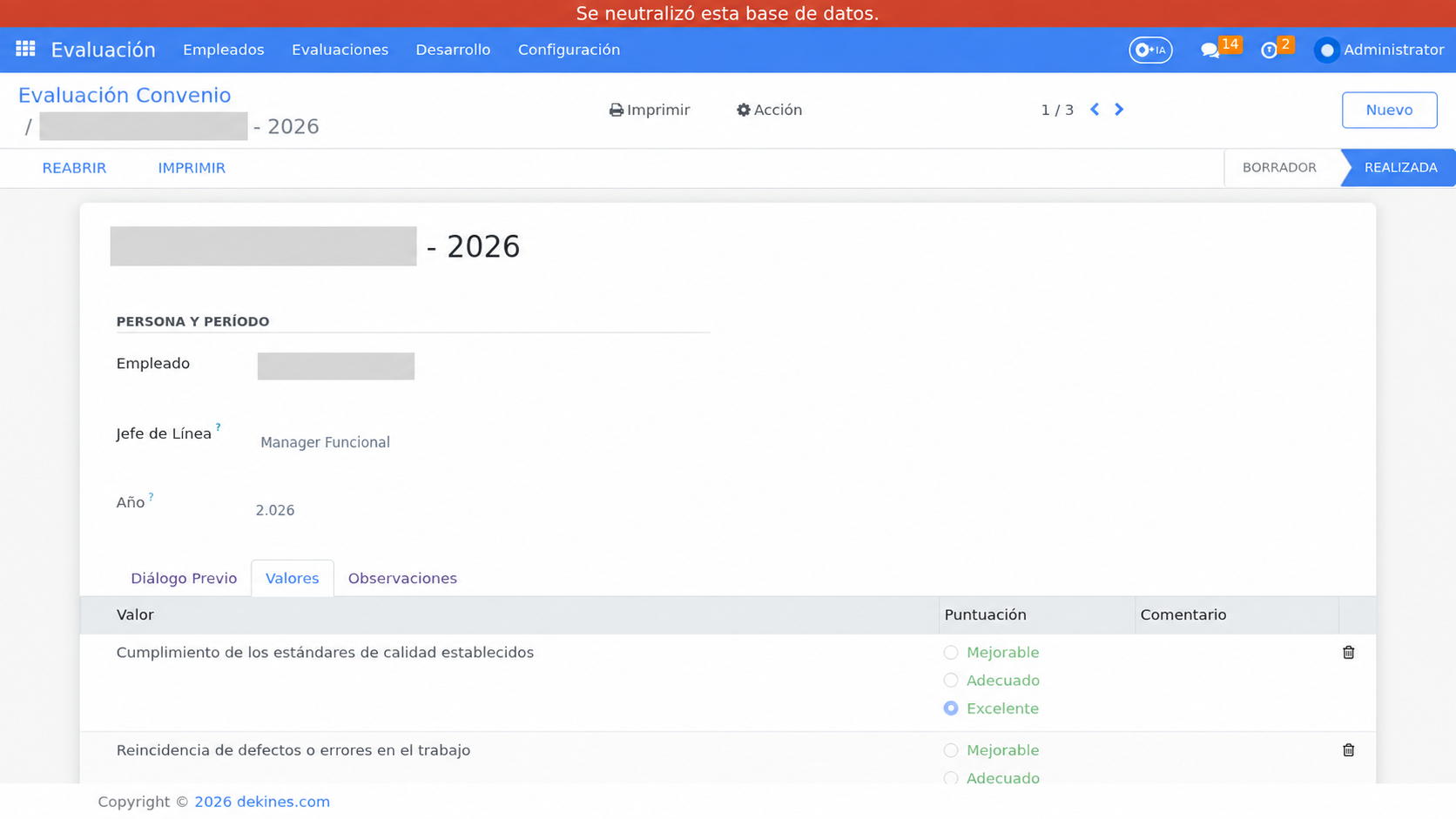 Evaluación de Convenio realizada y pestaña Valores.