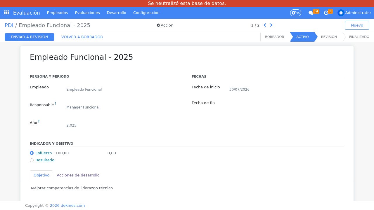 PDI activo con fechas, indicador y descripción del objetivo.